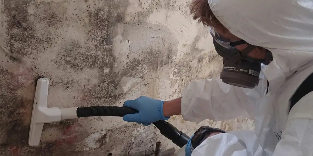 professional mold removal technician wearing protective equipment removing mold from a wall in Ogden, UT